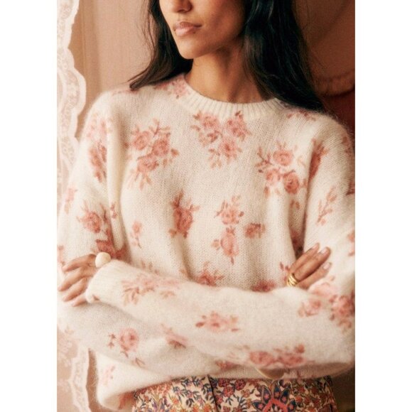 Sezane Sweaters - EUC Sezane Eloisa Mohair Wool Floral Sweater Pink Ecru XS